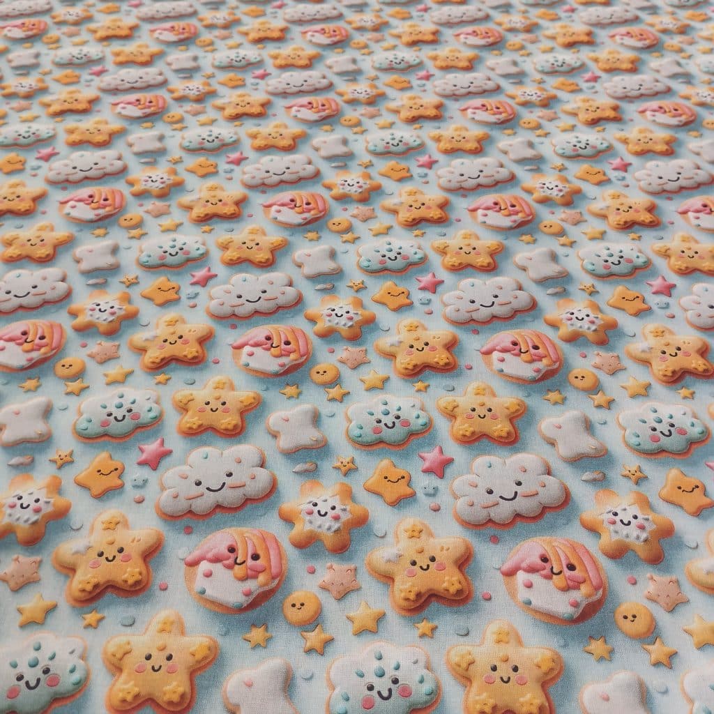 Algodon 3D estampado galletas con caritas sonrientes con fondo celeste