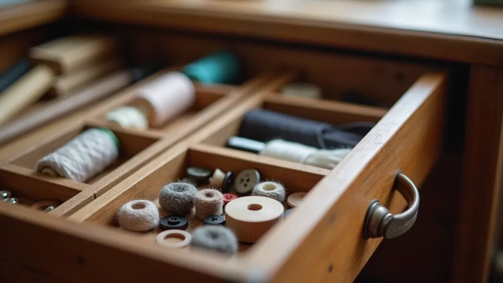 Cajón de madera abierto con materiales de costura organizados: bobinas de hilo, botones y cintas bajo luz natural suave. Escena tranquila y sin personas.