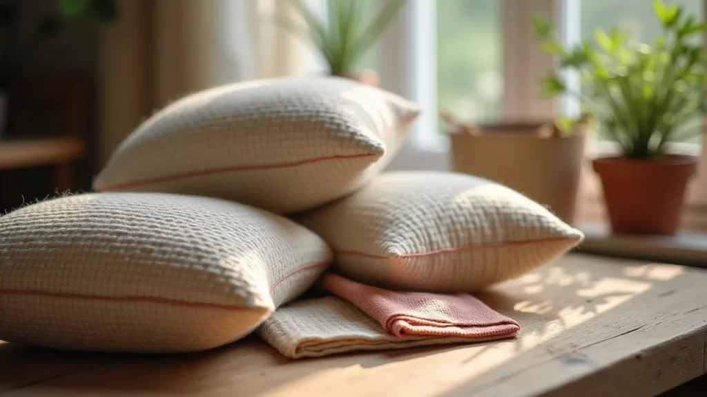 Cojín hecho a mano junto a retales de tela sobre una mesa de madera, iluminados por luz natural suave. Escena tranquila y sin presencia de personas.
