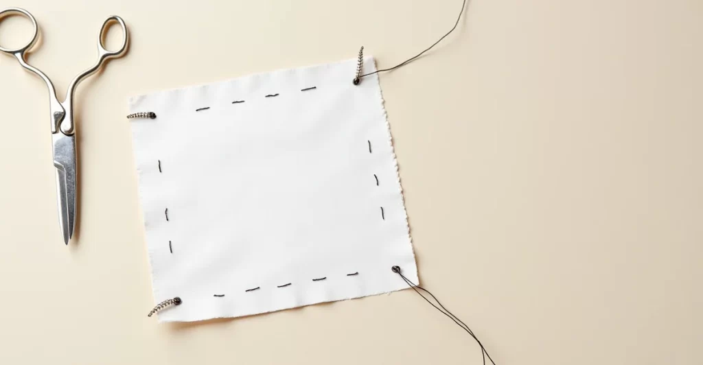 Herramientas básicas de costura junto a una muestra de tela con puntadas irregulares, fotografiadas con luz natural sobre fondo neutro.