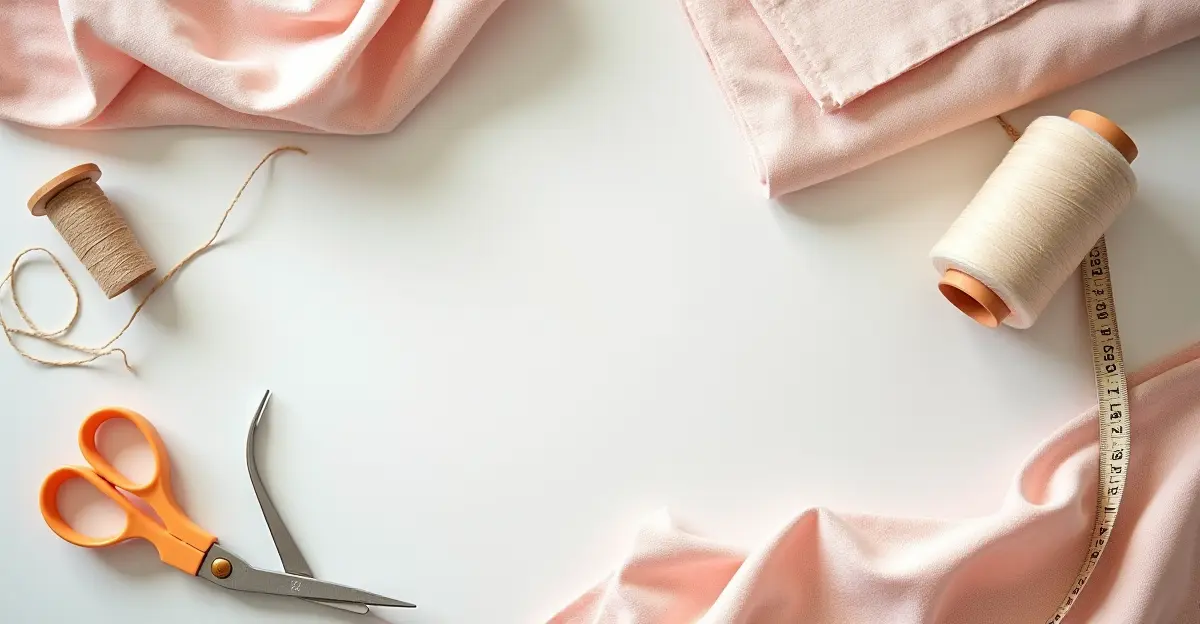 Vista superior de un espacio de costura para principiantes con telas de algodón dobladas, tijeras, cinta métrica e hilos sobre una mesa ordenada e iluminada por luz natural.