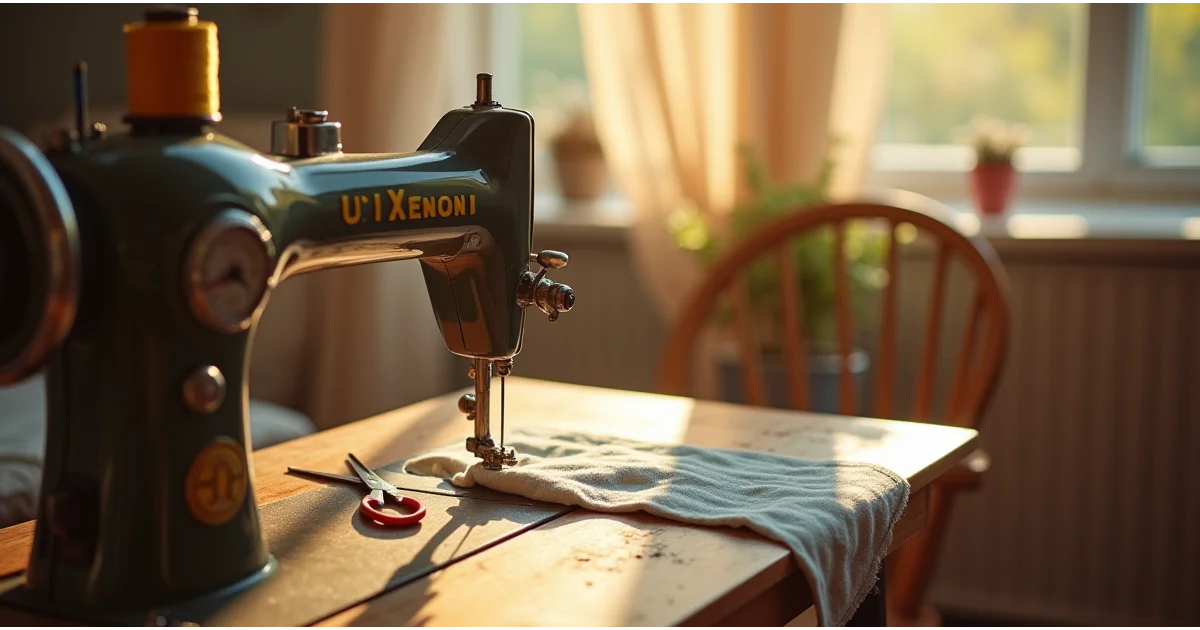 Máquina de coser vintage sobre una mesa de madera con tela parcialmente cosida, tijeras rojas y luz cálida de la tarde entrando por la ventana. Ambiente acogedor y hogareño.