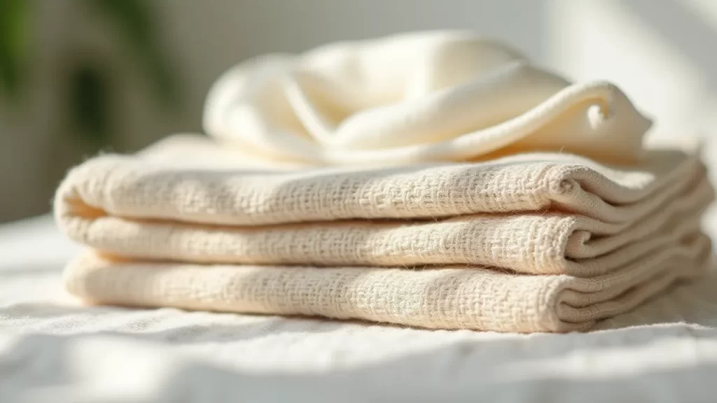 Ropa doblada confeccionada con telas hechas a mano, iluminada por luz natural suave. Colores neutros y sin presencia de personas.