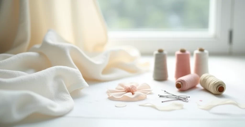 Tela suave en tonos crema extendida junto a bobinas de hilo y una flor de tela, sobre una mesa blanca junto a la ventana con luz natural.