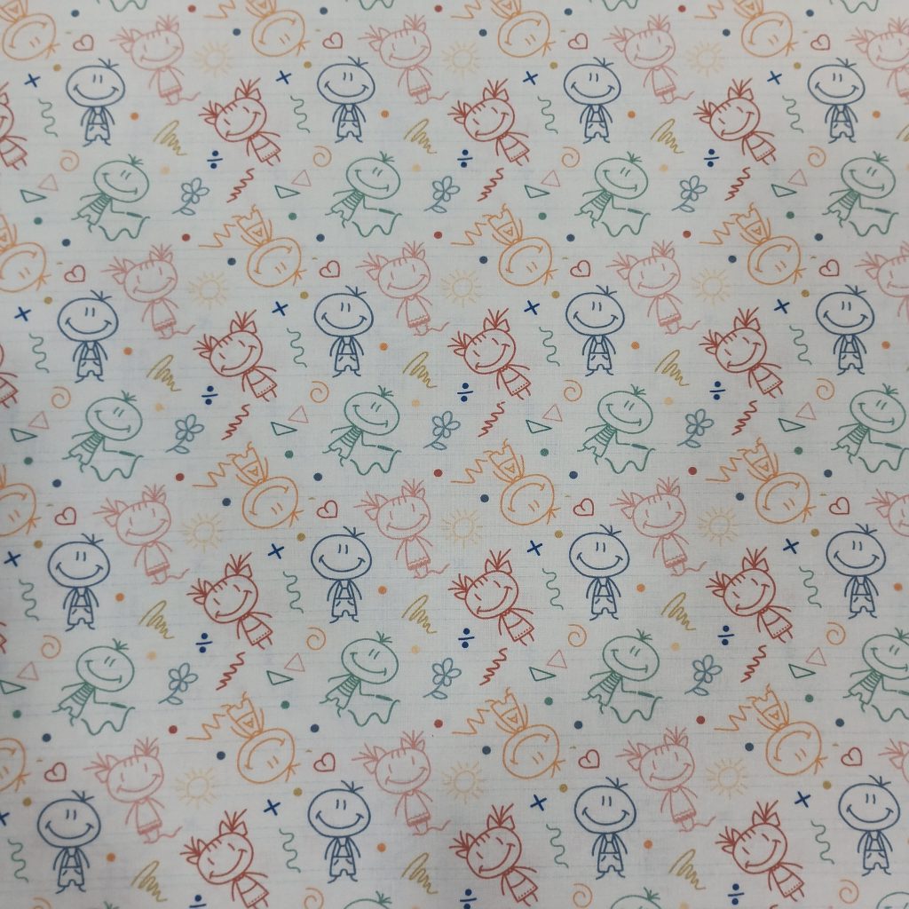 Tela 100% algodón con dibujos infantiles de niños y elementos creativos. Ideal para costura, decoración o proyectos escolares llenos de imaginación.