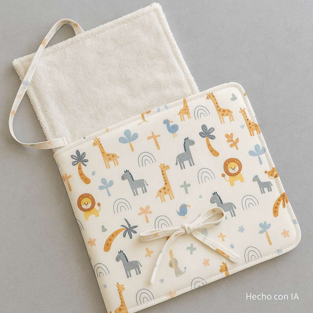 Cambiador infantil plegable con estampado de animales de la selva sobre fondo crema. Incluye interior de toalla blanca suave, ideal para bebés.