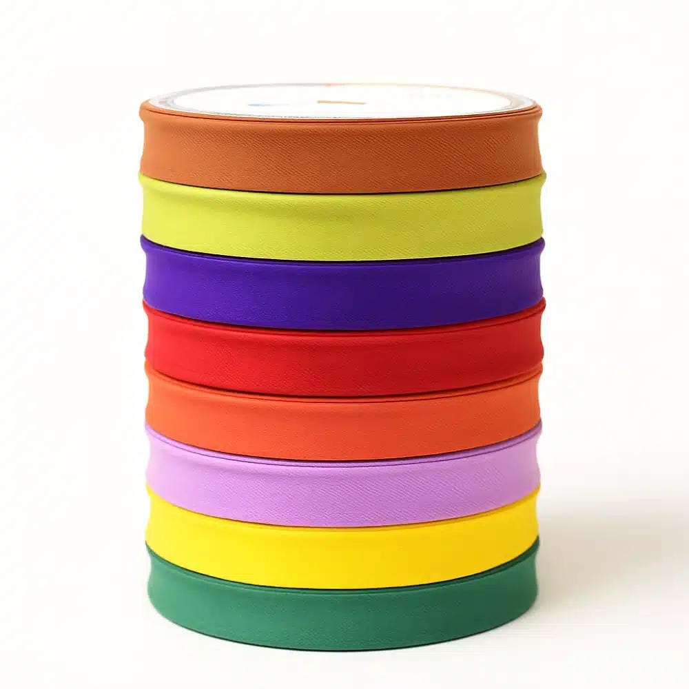 cintas-de-bies Cinta de bies de colores surtidos, enrollada en bobinas, ideal para costura, ribetes y acabados en proyectos de confección y manualidades.