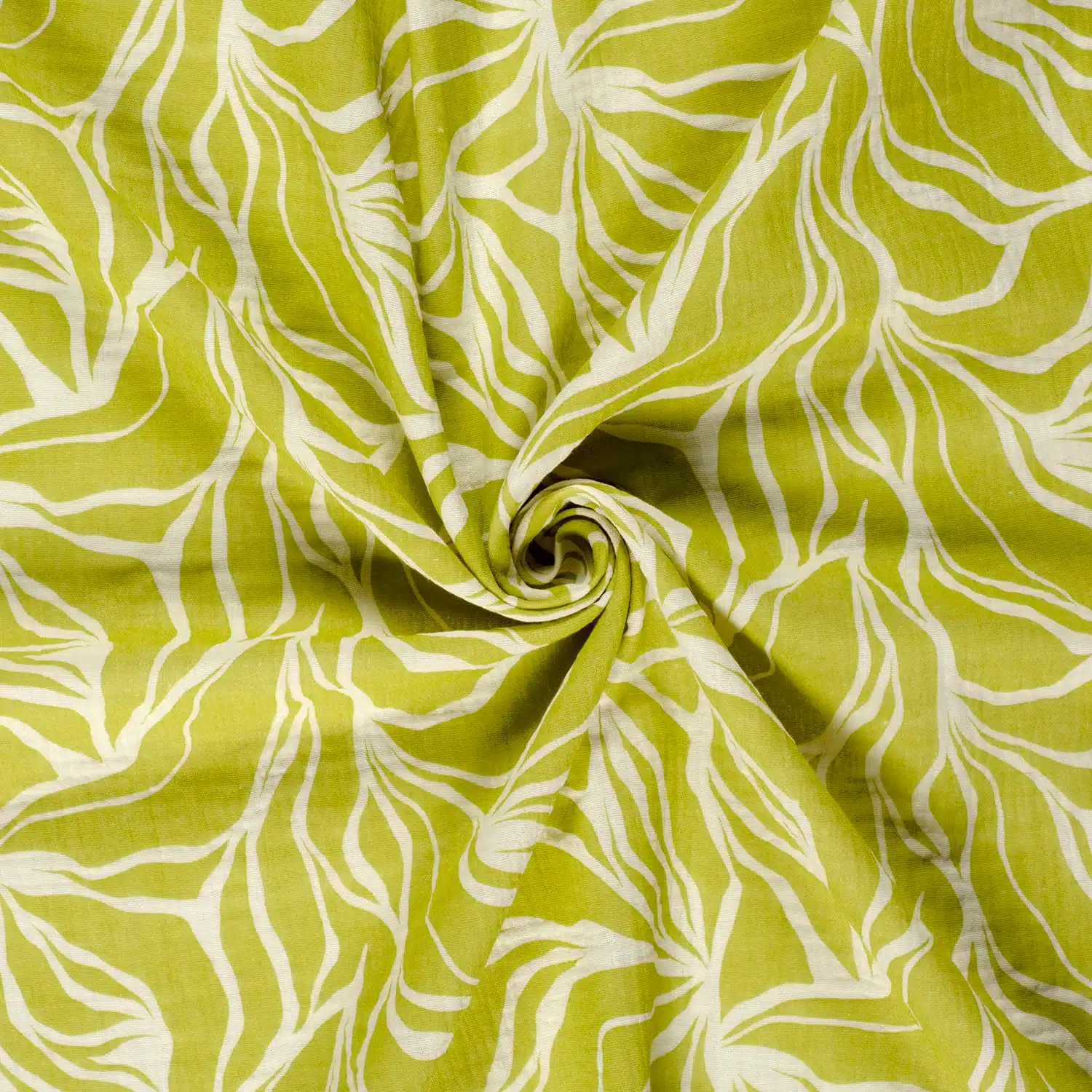 muselina-algodón-100%-color-verde-lima-abstracto Tela en muselina de algodón 100% con un estampado abstracto en verde lima y blanco, tejido muy suave