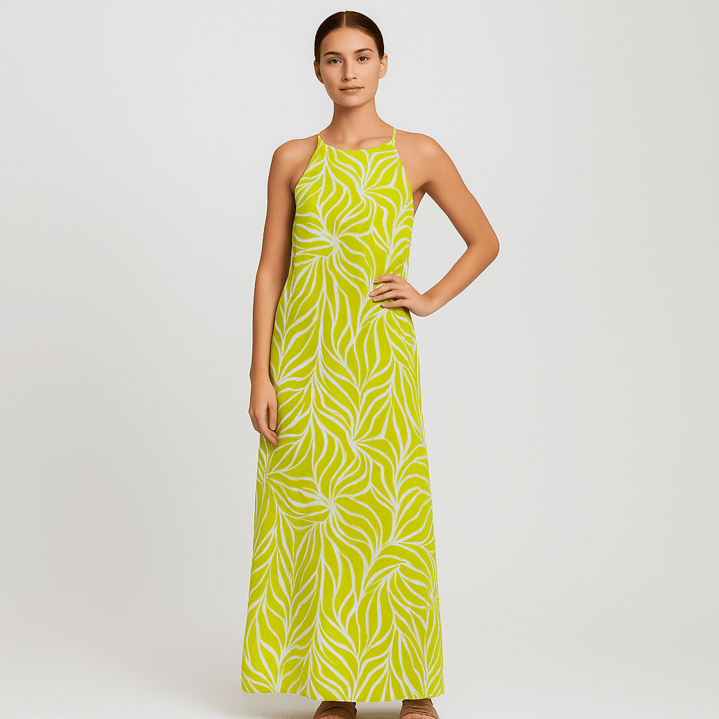 vestido de muselina estampado blanco en fondo verde lima