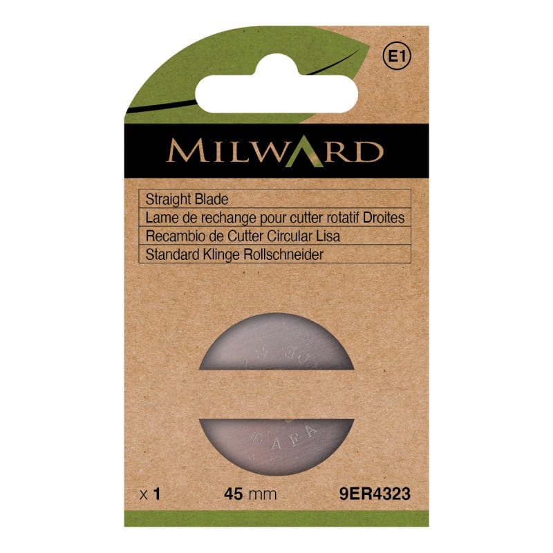"Cuchilla circular de 45 mm Milward, recambio para cutter rotativo, ideal para cortes precisos en tela, papel y manualidades."