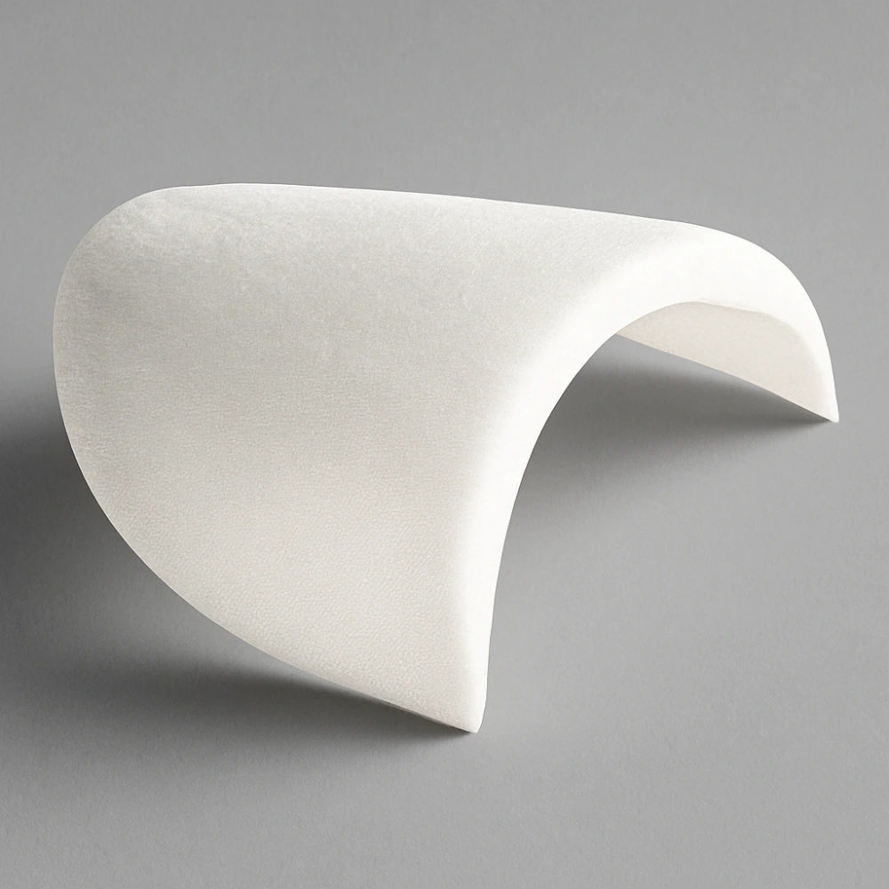 Hombrera forrada blanca con forma curvada, sobre fondo gris y con sombra marcada que resalta su volumen