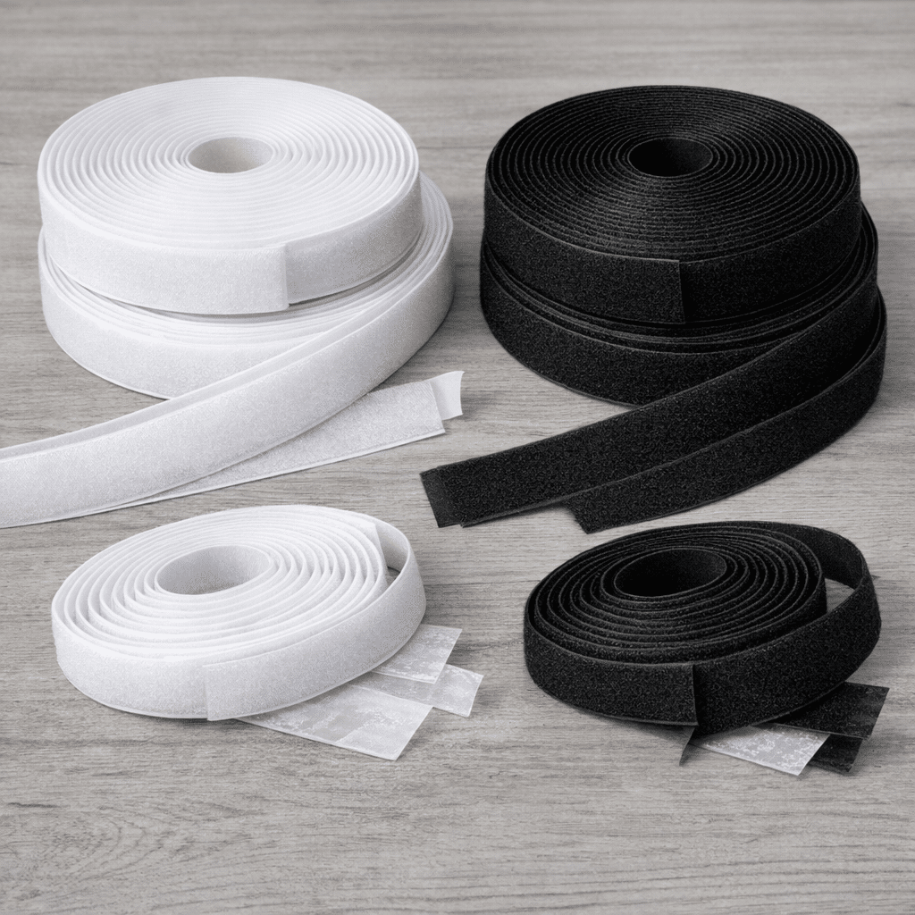 Rollos de velcro autoadhesivo en blanco y negro sobre mesa de madera clara