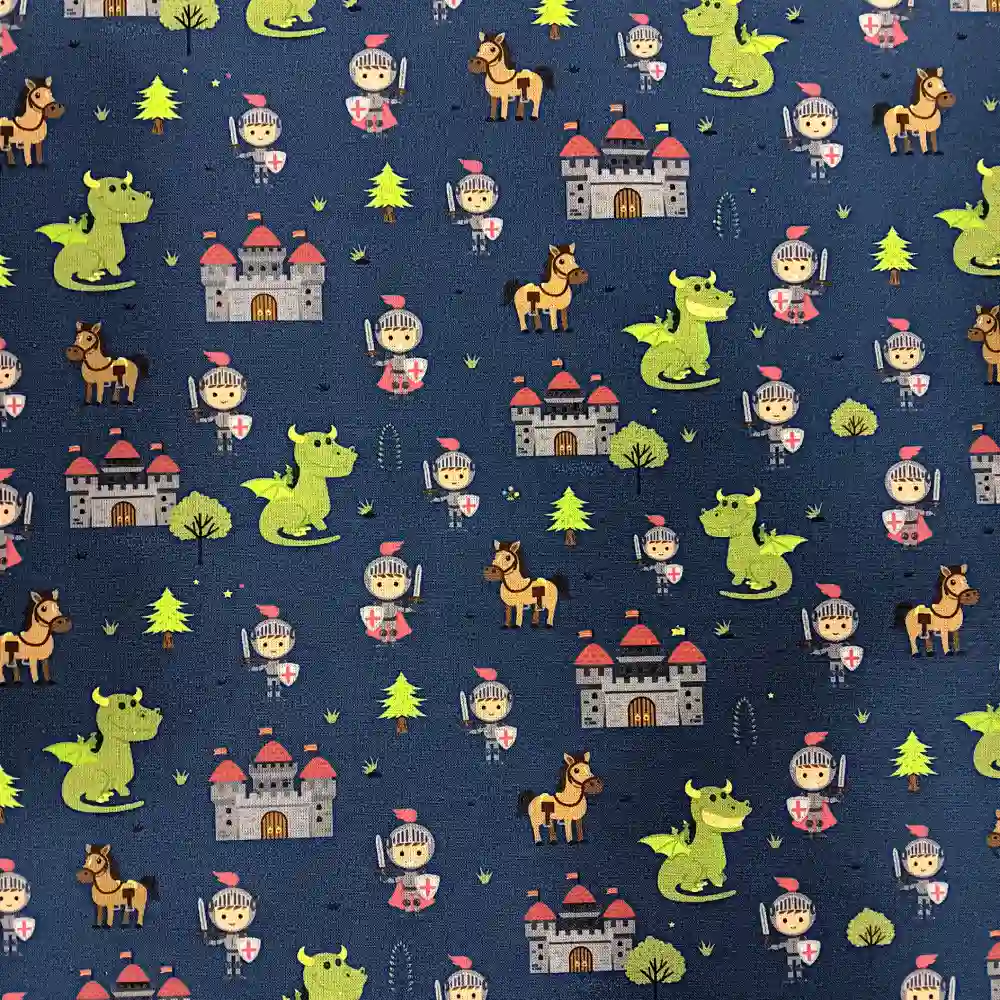 Imagen de tela algodón azul con textura uniforme y estampado de dragones, caballeros y castillos inspirados en Sant Jordi.