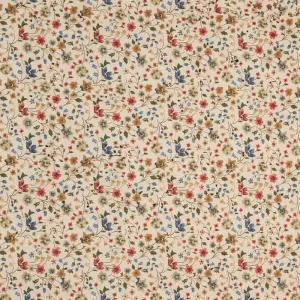 Tela de algodón con estampado floral en tonos verdes, azules y teja sobre fondo beige.