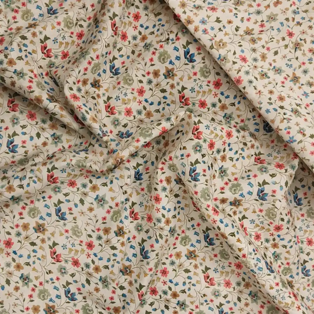 Tela de algodón con estampado floral en tonos verdes, azules y teja sobre fondo beige.
