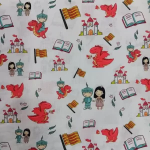 Imagen de tela algodón blanca con textura uniforme y estampado de Sant Jordi, dragones, libros y senyeras.