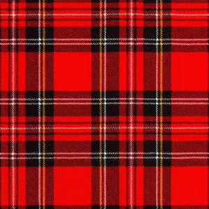 Tela stretch con estampado de cuadro escocés en tonos rojo, negro y amarillo, mostrada en primer plano para apreciar su patrón clásico.