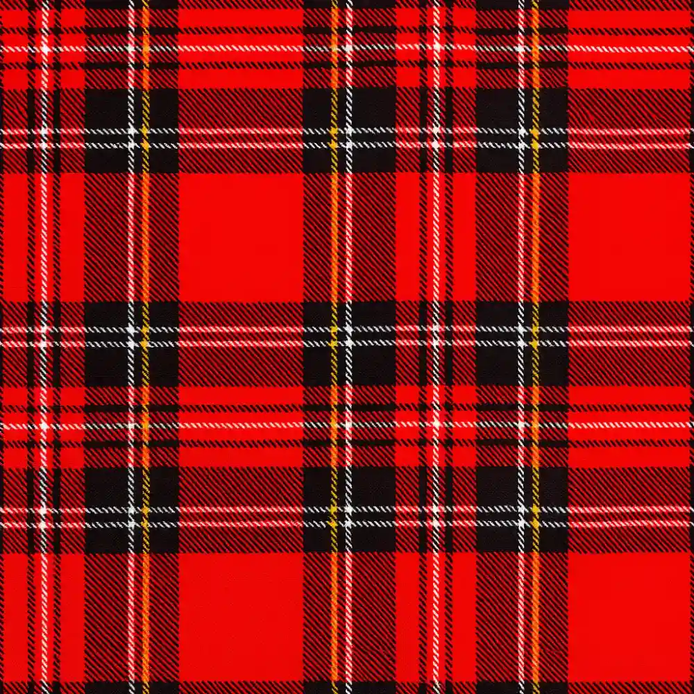 Tela stretch con estampado de cuadro escocés en tonos rojo, negro y amarillo, mostrada en primer plano para apreciar su patrón clásico.