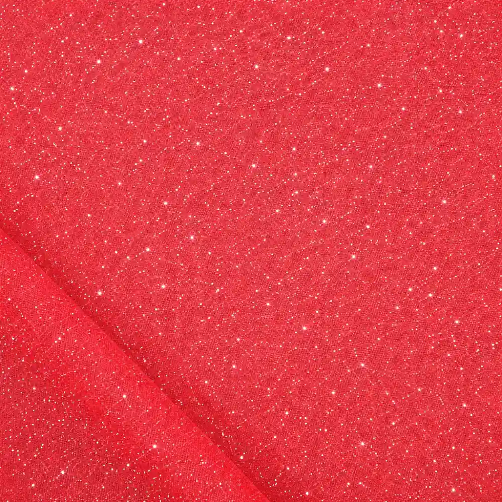 Tela de tul rojo con purpurina plateada ligera y brillante, ideal para disfraces, decoración y confección de carnaval.