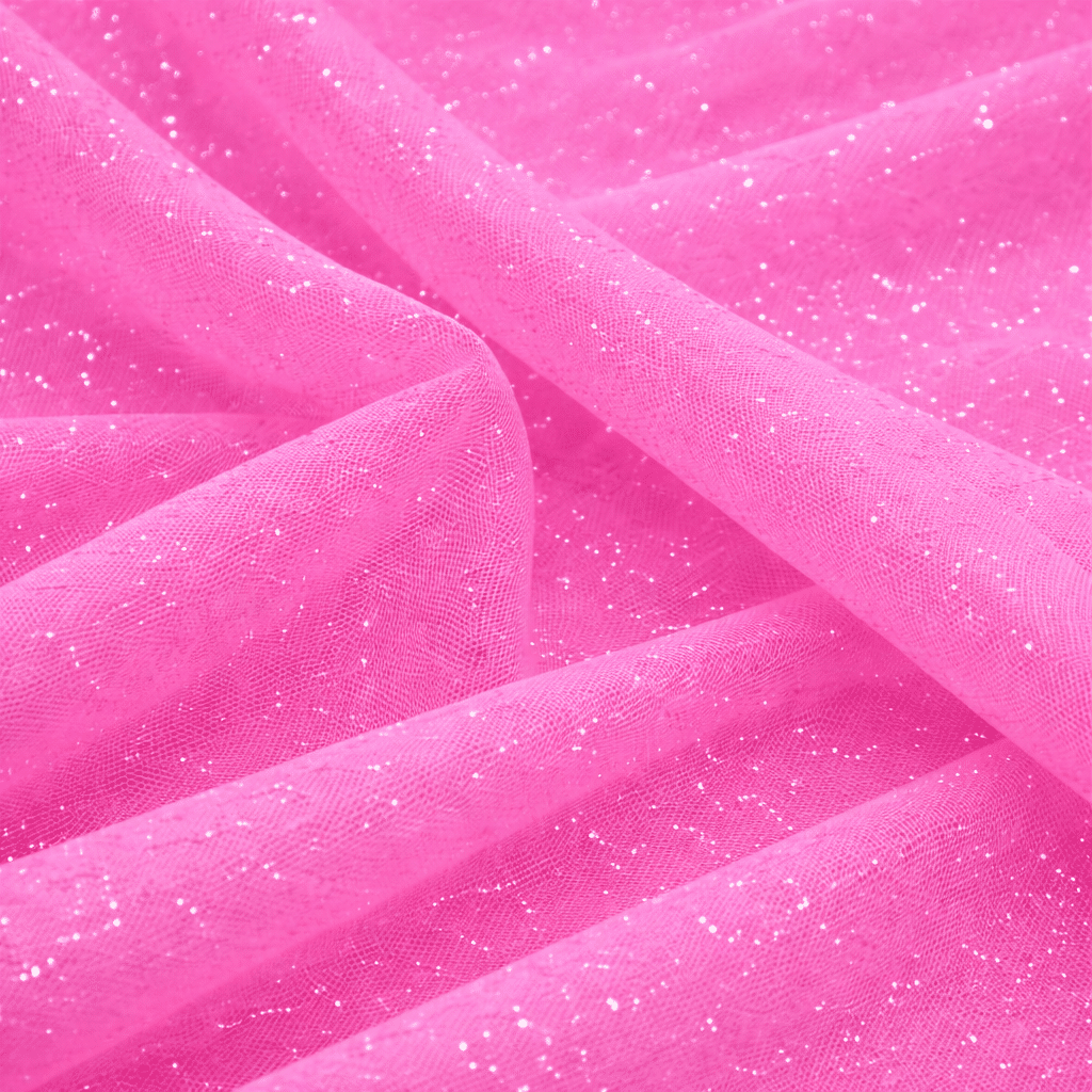 Tela de tul rosa con purpurina plateada ligera y brillante, ideal para disfraces, decoración y confección de carnaval.