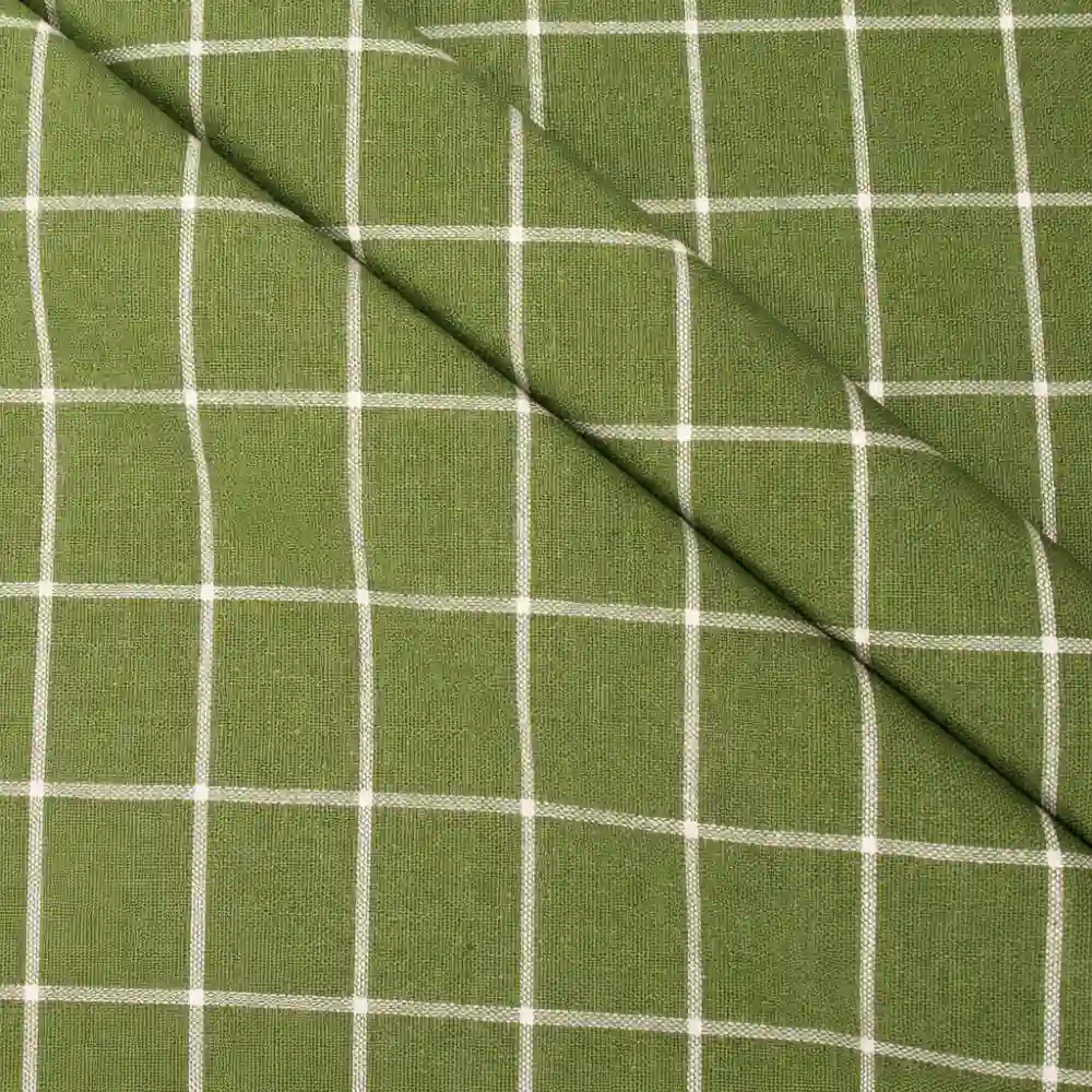 Tela para mantelería de algodón rústica a cuadros verdes con diseño clásico de líneas blancas sobre fondo verde