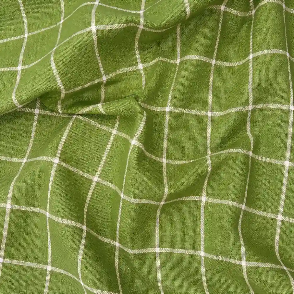 Tela para mantelería de algodón rústica a cuadros verdes con diseño clásico de líneas blancas sobre fondo verde