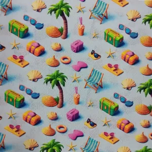 Tela de algodón estampado motivos de playa con palmeras, maletas y accesorios de verano