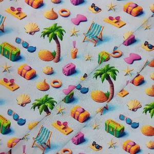 Tela de algodón estampado motivos de playa con palmeras, maletas y accesorios de verano