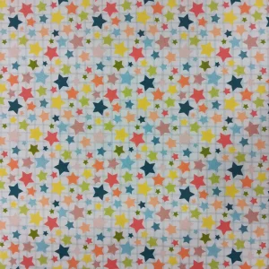 Tela algodón estampada de estrellas de colores sobre fondo claro para confección y patchwork