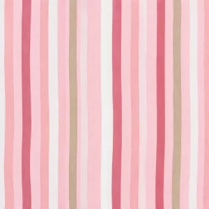 Tela de algodón rayas rosas y beige en diseño vertical sobre fondo claro, textura suave y estampado clásico.