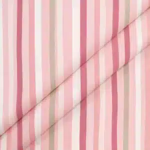 Tela de algodón rayas rosas y beige en diseño vertical sobre fondo claro, textura suave y estampado clásico.