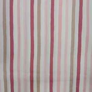 Tela de algodón con estampado de rayas verticales en tonos rosa, beige y blanco