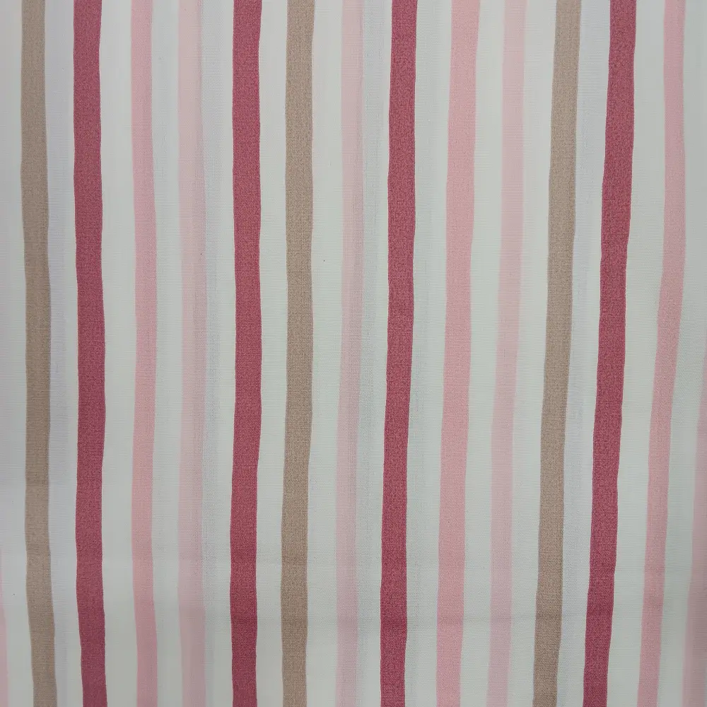 Tela de algodón con estampado de rayas verticales en tonos rosa, beige y blanco