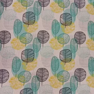 Tela loneta canvas estampada con hojas decorativas en tonos verdes y amarillos