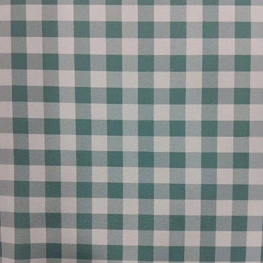 Tela de mantelería resinada de poliéster con estampado vichy turquesa