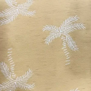 Tela viscosa lino amarillo claro estampada con palmeras blancas con diseño tropical de palmeras