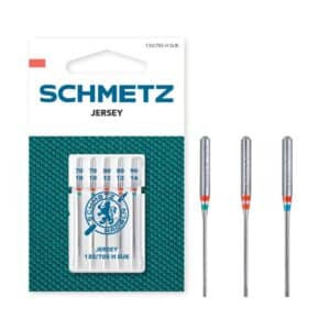 Agujas para máquina de coser Schmetz Jersey modelo 130/705 H SUK, presentadas en blíster con cinco unidades metálicas y distintivo rojo y azul, diseñadas para tejidos elásticos o de punto
