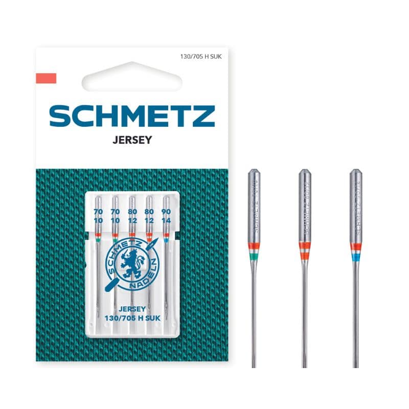 Agujas para máquina de coser Schmetz Jersey modelo 130/705 H SUK, presentadas en blíster con cinco unidades metálicas y distintivo rojo y azul, diseñadas para tejidos elásticos o de punto