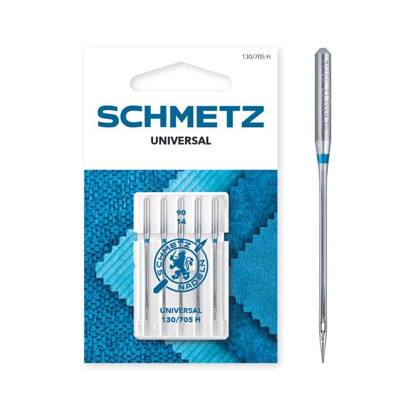 Agujas universales para máquina de coser marca Schmetz, modelo 130/705 H, presentadas en blíster con cinco unidades metálicas y distintivo azul, adecuadas para todo tipo de tejidos