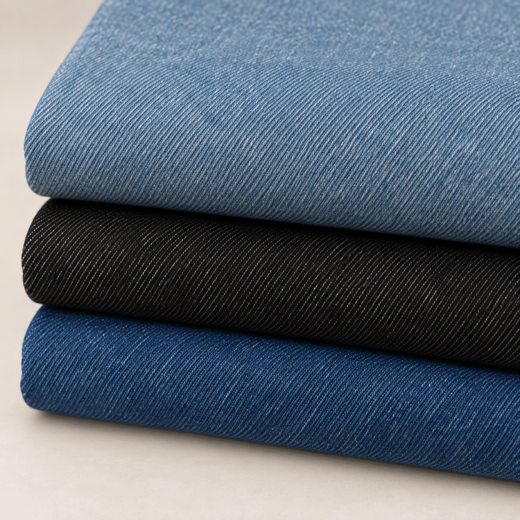 Tela de jeans en tres colores, azul claro, negro y azul, presentada en telas dobladas y apiladas.