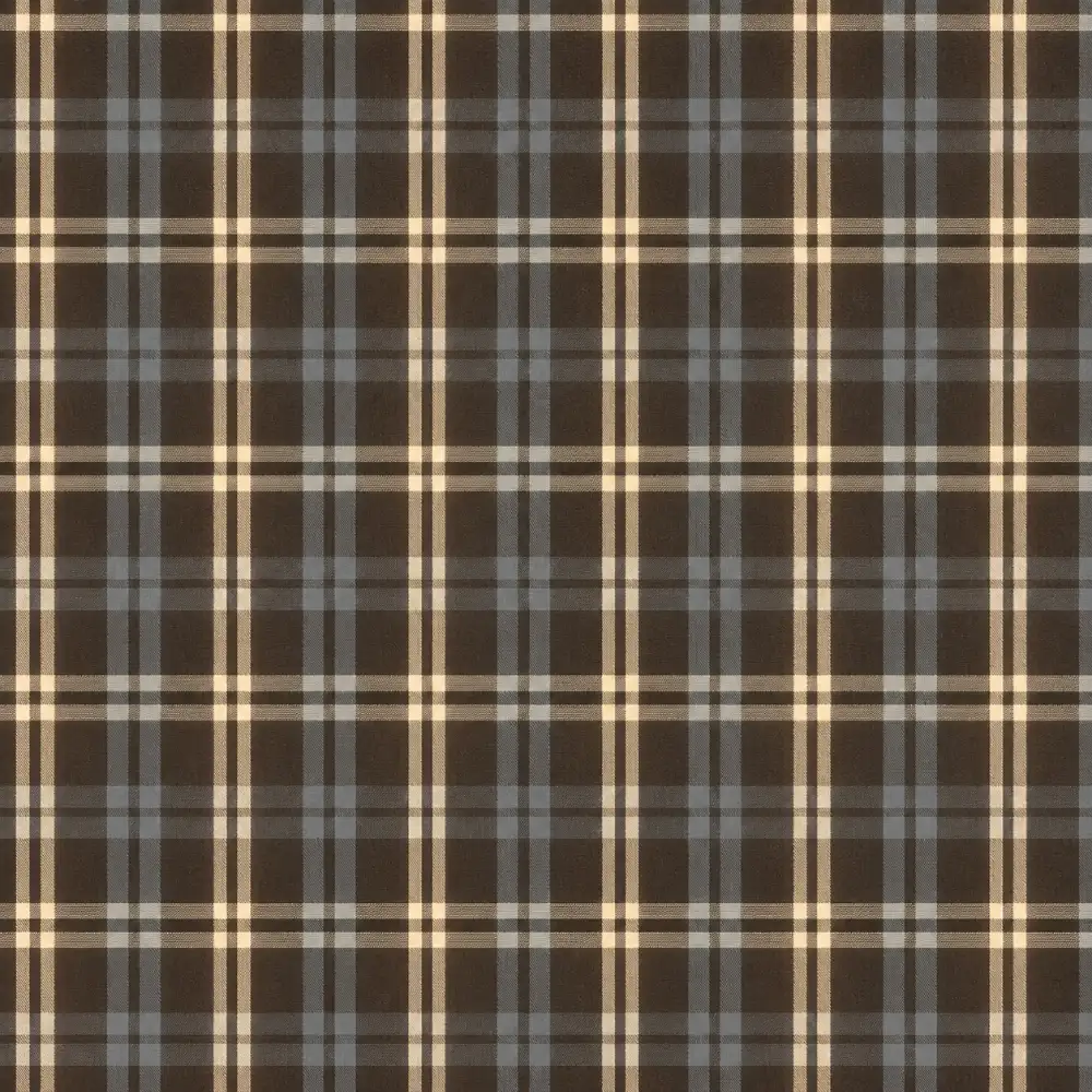 Tela cuadro grande marrón con estampado de líneas beige y gris azulado formando cuadros grandes.