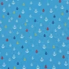 Tela de algodón azul con pequeñas anclas estampadas de diferentes tamaños en blanco, rojo, amarillo y azul marino, distribuidas por toda la superficie.