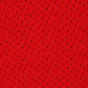 Tela de algodón Navidad roja con pequeños árboles rojos oscuros, lisos, rayados y con ramas, distribuidos sobre un fondo rojo intenso.