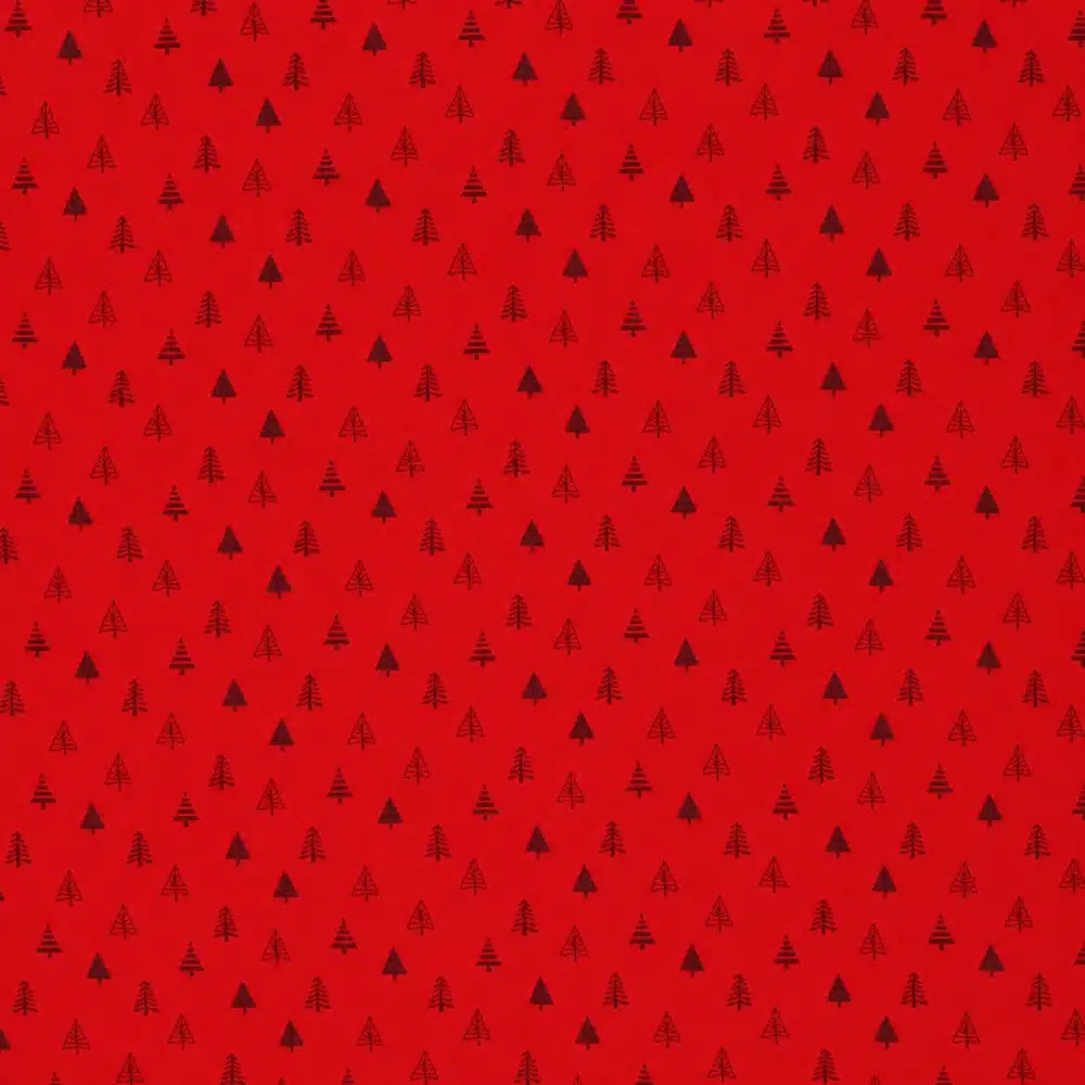 Tela de algodón Navidad roja con pequeños árboles rojos oscuros, lisos, rayados y con ramas, distribuidos sobre un fondo rojo intenso.