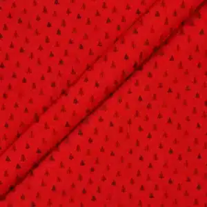 Tela de algodón Navidad roja con pequeños árboles rojos oscuros, lisos, rayados y con ramas, distribuidos sobre un fondo rojo intenso.