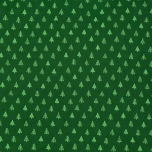 Tela de algodón navideña de fondo verde oscuro con pequeños árboles de Navidad en verde claro, de diferentes formas y distribuidos uniformemente.