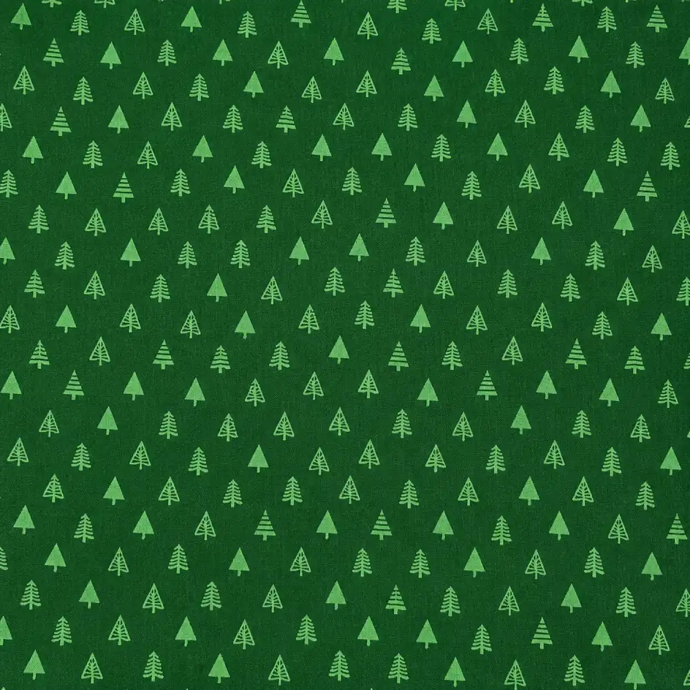 Tela de algodón navideña de fondo verde oscuro con pequeños árboles de Navidad en verde claro, de diferentes formas y distribuidos uniformemente.