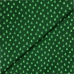 Tela de algodón navideña de fondo verde oscuro con pequeños árboles de Navidad en verde claro, de diferentes formas y distribuidos uniformemente.