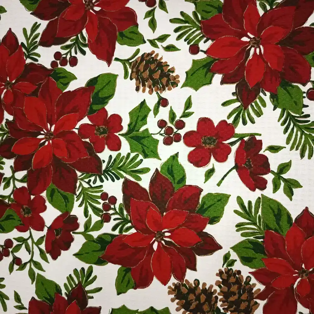 Tela de mantelería navideña con flores de Pascua y piñas - Imagen 2