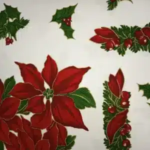 Tela de mantelería navideña blanca con grandes flores de Pascua rojas, hojas verdes, ramilletes de acebo con bayas rojas y contornos dorados sobre tejido de pequeños cuadritos.